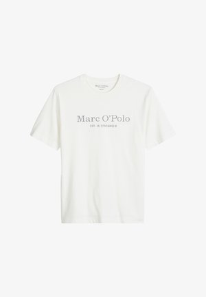 Wit T-shirt met korte mouwen en ronde hals, met grijze tekst "Marc O’Polo Est. in Stockholm" gedrukt in het midden aan de voorkant.