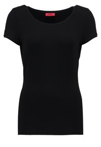 Černé tričko s krátkým rukávem a kulatým výstřihem. Vyrobeno z hladké látky s přiléhavým střihem a minimem švů pro čistý vzhled.