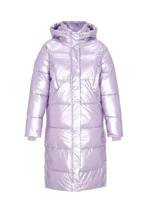 Lavendel puffer jacket met een glanzende, gewatteerde textuur, lange lengte, capuchon en drukknoopsluiting aan de zijkant. Heeft elastische boorden voor extra warmte.