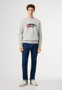 Sudadera gris con un logo multicolor, combinada con jeans azul oscuro. El modelo lleva unas zapatillas blancas con detalles verdes. Textura suave, diseño casual.