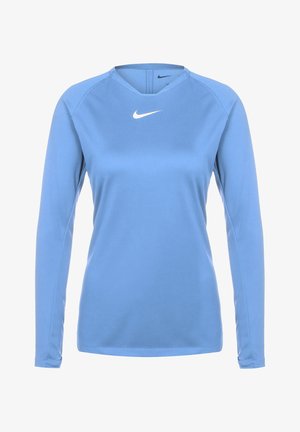Maglia atletica a maniche lunghe di colore azzurro chiaro, realizzata in tessuto liscio. Presenta un collo a V e un piccolo logo Nike bianco sul petto.