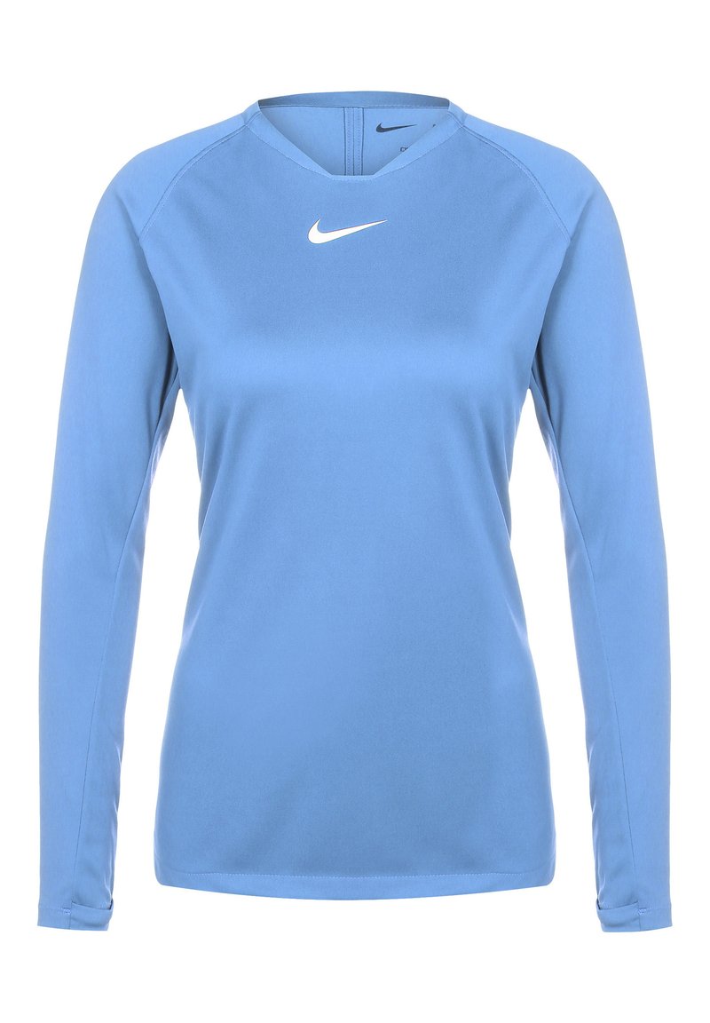 Lichtblauw sporttop met lange mouwen, gemaakt van gladde stof. Voorzien van een V-halslijn en een klein wit Nike-logo op de borst.