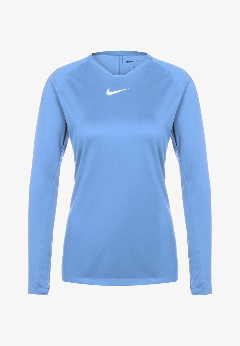 Hellblaues langärmliges Sportoberteil aus glattem Material. Hat einen V-Ausschnitt und ein kleines weißes Nike-Logo auf der Brust.