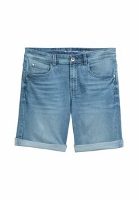 Pantalones cortos de mezclilla en azul claro con un acabado desgastado, con dobladillos enrollados, diseño de cinco bolsillos y cierre de botón metálico en la cintura.