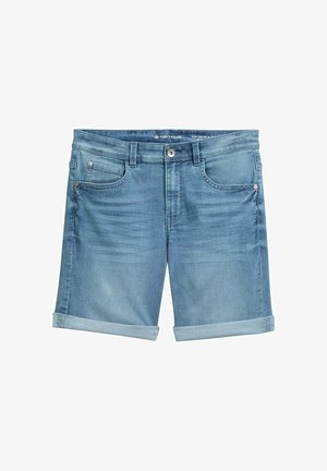 Denimové šortky svetlomodrej farby s ošúchaným vzhľadom, s obrúbenými rukávmi, päťvreckovým dizajnom a kovovým gombíkom na zapínanie v páse.