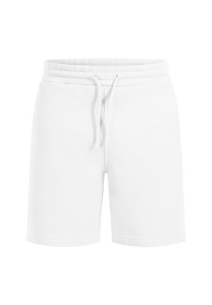 Hvide shorts lavet af blødt stof med en elastisk talje, der har en snører og en glat tekstur, designet til komfort og lethed.