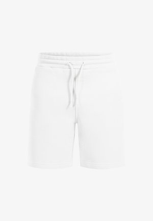 Weiße Shorts aus weichem Stoff mit elastischem Bund, versehen mit einem Kordelzug und einer glatten Textur, die für Komfort und Bequemlichkeit entworfen wurden.