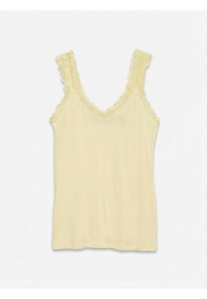 Haut sans manches jaune clair avec bordure en dentelle au niveau de l'encolure et des bretelles, posé à plat sur fond blanc.