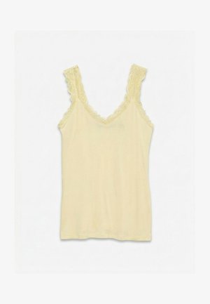 Haut sans manches jaune clair avec bordure en dentelle au niveau de l'encolure et des bretelles, posé à plat sur fond blanc.