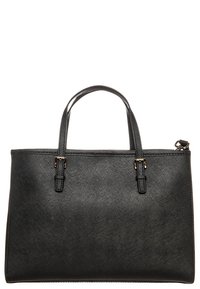 Borsa tote nera realizzata in materiale sintetico testurizzato, dotata di due manici corti e dettagli in metallo dorato. Forma rettangolare.
