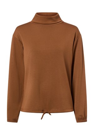 Langärmliges braunes Rollkragenhemd mit Kordelzugsaum und elastischen Bündchen auf weißem Hintergrund.