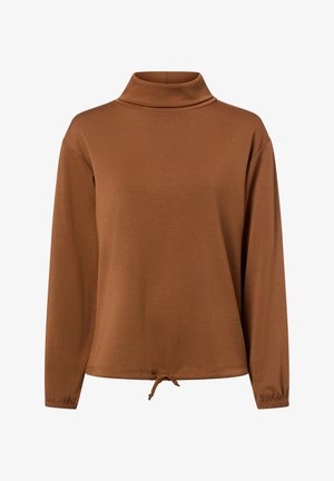 Langärmliges braunes Rollkragenhemd mit Kordelzugsaum und elastischen Bündchen auf weißem Hintergrund.