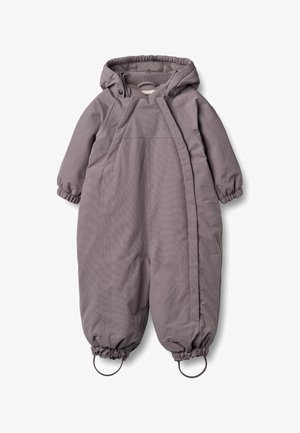 Szary kombinezon zimowy dla dzieci z fakturowanym wykończeniem, wyposażony w kaptur, elastyczne mankiety, regulowane paski oraz dwie pętle przy kostkach.