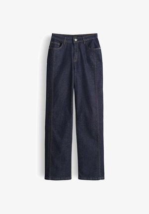 Pantaloni di denim blu scuro con taglio dritto, cuciture visibili, design a cinque tasche e chiusura frontale con bottoni.