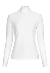 Biała, długorękawowa bluzka z golfem, o fakturowanym wzorze w diamenty i dopasowanej sylwetce.