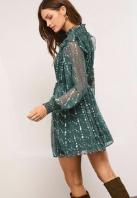 Zelené priehľadné šaty so striebornými kvetinovými vzormi, volánikovým výstrihom a gumičkovými rukávmi. Dĺžka pod kolená s priliehavým pásom.