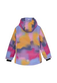 Färgglad, texturerad vinterjacka med huva, som har en gradient av rosa, lila, gul och grå nyanser. Inkluderar svarta muddar och logodetalj.