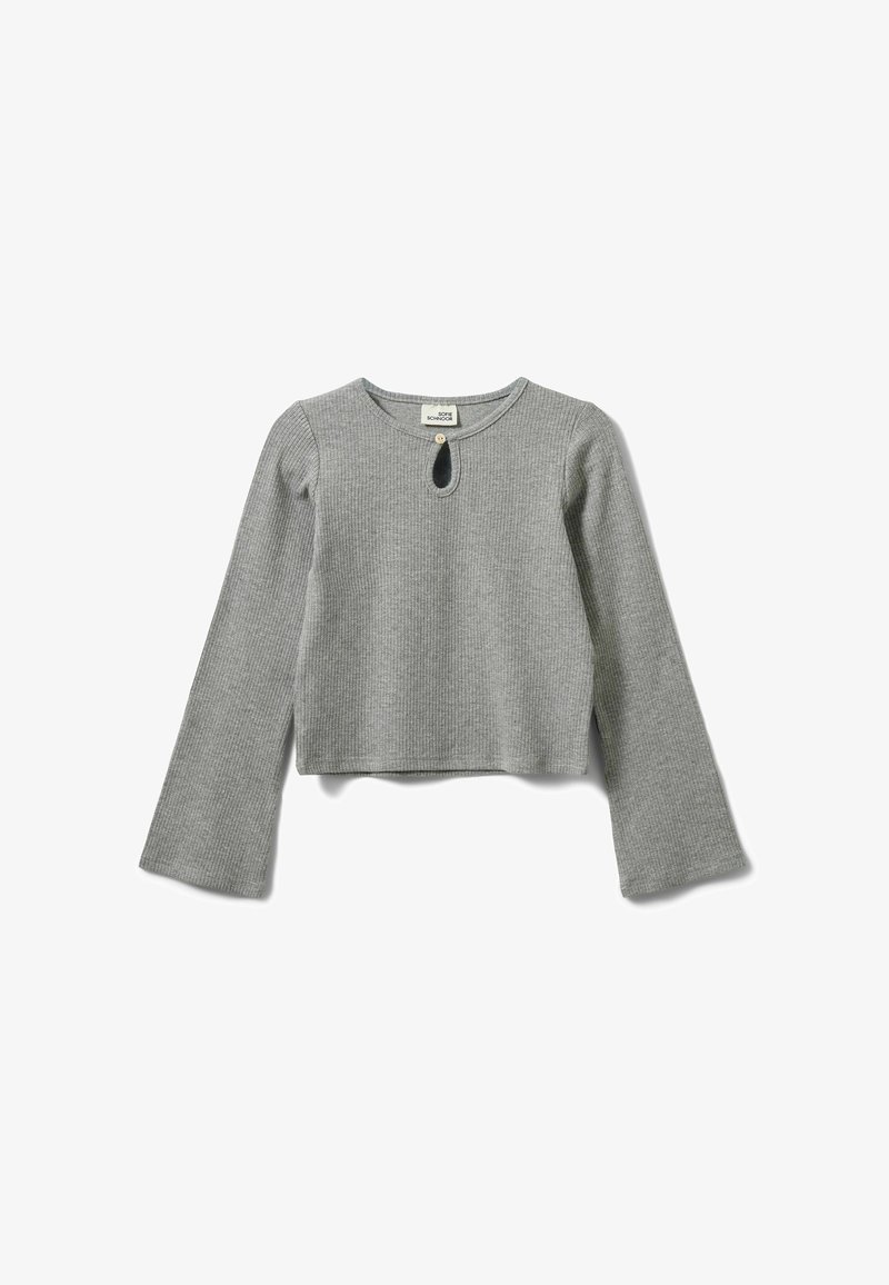 Haut gris à manches longues en tissu côtelé avec un col rond et un petit détail en forme de goutte à l'avant, présentant une coupe décontractée et des manches évasées.