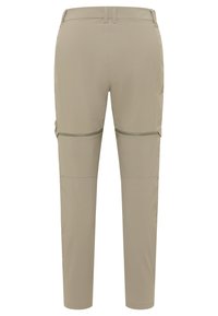 Pantaloni beigi staccabili con una texture liscia, dotati di tasche laterali e un design slim. Caviglie regolabili per una vestibilità personalizzabile.
