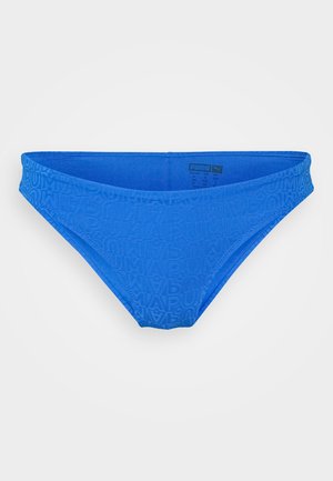 Blue bikini bottom made from stretchy material, featuring an embossed logo pattern. The design includes a low-rise waist and smooth texture.