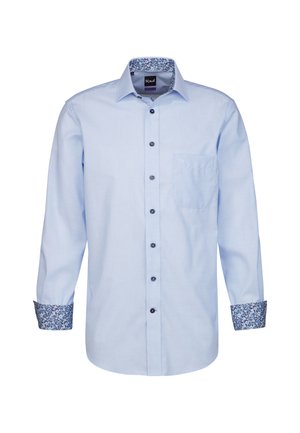 Camicia a maniche lunghe di colore azzurro chiaro con bottoni scuri, una tasca sul petto e polsini a fantasia floreale. Tessuto morbido con un design del colletto classico.