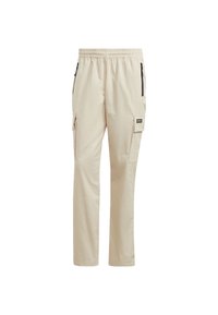 Pantalones cargo beige de corte relajado, con cintura elástica, múltiples bolsillos y detalles de cremallera en negro. Fabricados con un tejido ligero y transpirable.