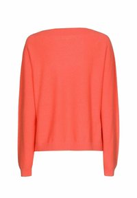 Koraaloranje trui met lange mouwen, ribgebreide manchetten en onderrand, met een brede bootnek en een losse pasvorm.