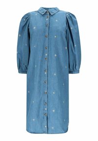 Robe chemise en denim avec des manches bouffantes, un col et une fermeture par bouton à l'avant. Tissu bleu clair orné de petits motifs floraux brodés.