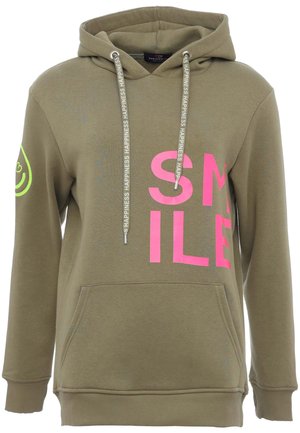 Olive green pullover hoodie in soft fabric, featuring bold pink "SMILE" text, drawstring hood, and large front pocket. Accented with a circular logo.