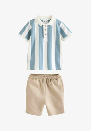 Striped polo shirt in blue and white with three buttons; paired with beige elastic-waist shorts. Soft fabric, casual design.