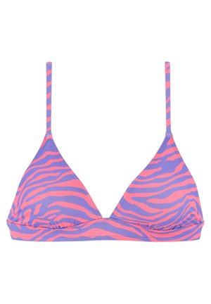 Dreieckiger Bikini-Oberteil in Lila und Pink mit einem Zebra-Streifenmuster, verfügt über dünne Träger und ein gerafftes Band für die Form.