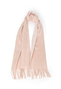 Różowy szalik wykonany z miękkiej wełny, o gładkiej fakturze z frędzlami na końcach. Ma prosty, prostokątny kształt.