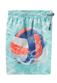 Costumi da bagno con un design a tema acquatico, caratterizzati da una grafica di un pallone da pallavolo colorato in rosso, blu e bianco su uno sfondo turchese.
