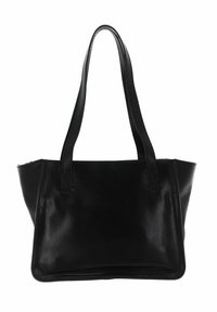 Borsa tote nera in pelle con forma rettangolare, doppie spalline, superficie liscia e chiusura con zip superiore. Design minimalista, senza hardware visibile.