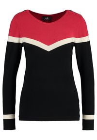 Langärmliger Pullover mit rotem Oberteil und schwarzen sowie cremefarbenen Chevronstreifen, Rundhalsausschnitt und Knopfdetails an den Schultern.