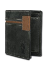 Black leather wallet with brown leather accent, featuring multiple card slots and a logo detail. Hardwearing texture with contrasting stitching.