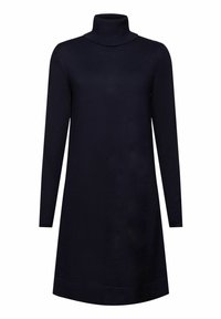 Robe noire à manches longues, longueur genou, col roulé, coupe droite, col et poignets côtelés sur fond blanc.
