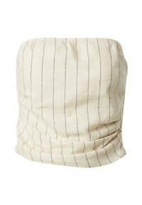 Lichtbeige stoffen nekgaiter met dunne, donkere verticale strepen; zachte textuur en rekbaar ontwerp voor gemakkelijk dragen.