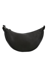 Borsa a spalla in pelle nera con forma curva, superficie texturizzata, chiusura zip e una tracolla sottile per un facile trasporto. Nessun hardware visibile.