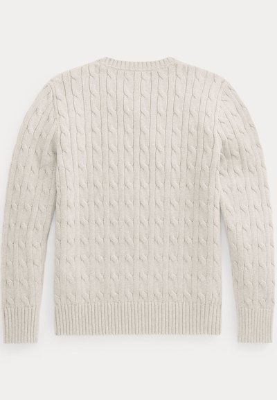 Pull beige clair en maille torsadée avec manches longues et poignets et ourlet côtes, vu de dos sur un fond uni.