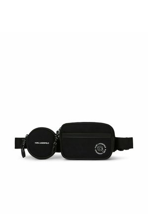Sort Karl Lagerfeld bæltetaske med to lynlåslommer, en rund og en rektangulær, begge med hvid logo tekst.