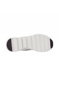 Suela de zapatilla blanca con un patrón de relieve texturizado, un acento circular de goma negra en el talón y secciones de amortiguación segmentadas.