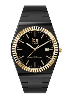 Orologio da polso nero e oro con datario che mostra il 28, indici delle ore dorati e cinturino nero segmentato, resistente all'acqua fino a 10 ATM.