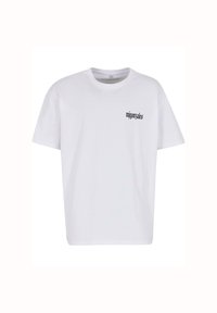 White cotton t-shirt with a relaxed fit. Features a black graphic text on the left chest area. Round neckline, short sleeves, seamless hem.