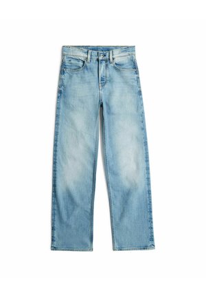 Jean droit en denim bleu clair avec poches avant, passants de ceinture et fermeture par bouton, présenté sur fond blanc.