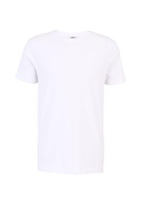 Tricou alb din bumbac, cu mâneci scurte, guler rotund și un finisaj neted. Fără modele sau designuri, având o linie de tiv dreaptă.