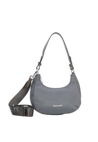 Harmaa nailonista valmistettu olkalaukku, jossa on kaareva siluetti, hopeinen logo, irrotettava hihna ja sileä pinta. Vetoketjulla suljettava yläosa.