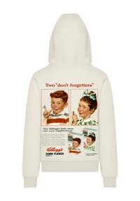 Cremfarbenes Hoodie mit retro Kellogg's Corn Flakes Grafiken, einschließlich zweier Kinder, Text und Illustrationen. Weicher Stoff, lässiges Design.