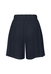 Midjeförsedda, marinblå shorts med lös passform, elastisk midjeresår och subtil textur, visade mot en vit bakgrund.