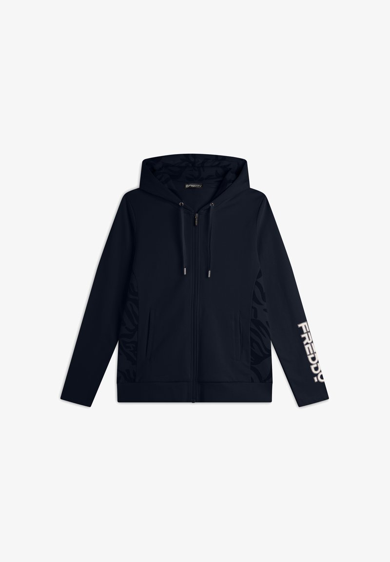 Felpa con zip di colore blu navy, con coulisse, tasche laterali, motivo zebra sottile sui lati e testo "FREDDY" sulla manica sinistra.